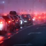 Stadtsmog über einem dicht befahrenen Stadtring bei Sonnenuntergang, Feinstaub und Stickstoffdioxid sichtbar in der Luft