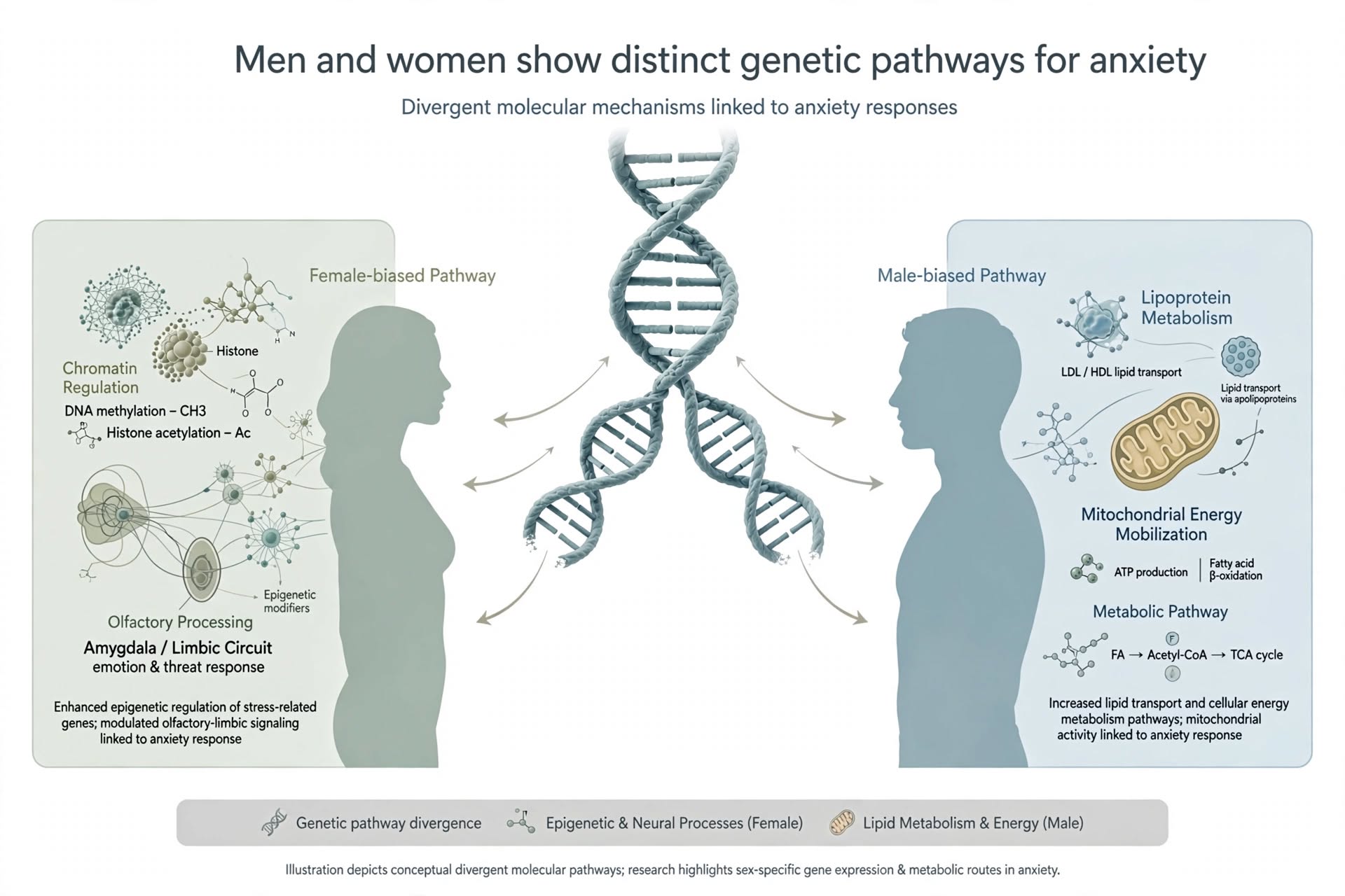 DNA-Doppelhelix als Symbol für geschlechtsspezifische genetische Unterschiede bei Angststörungen von Frauen und Männern